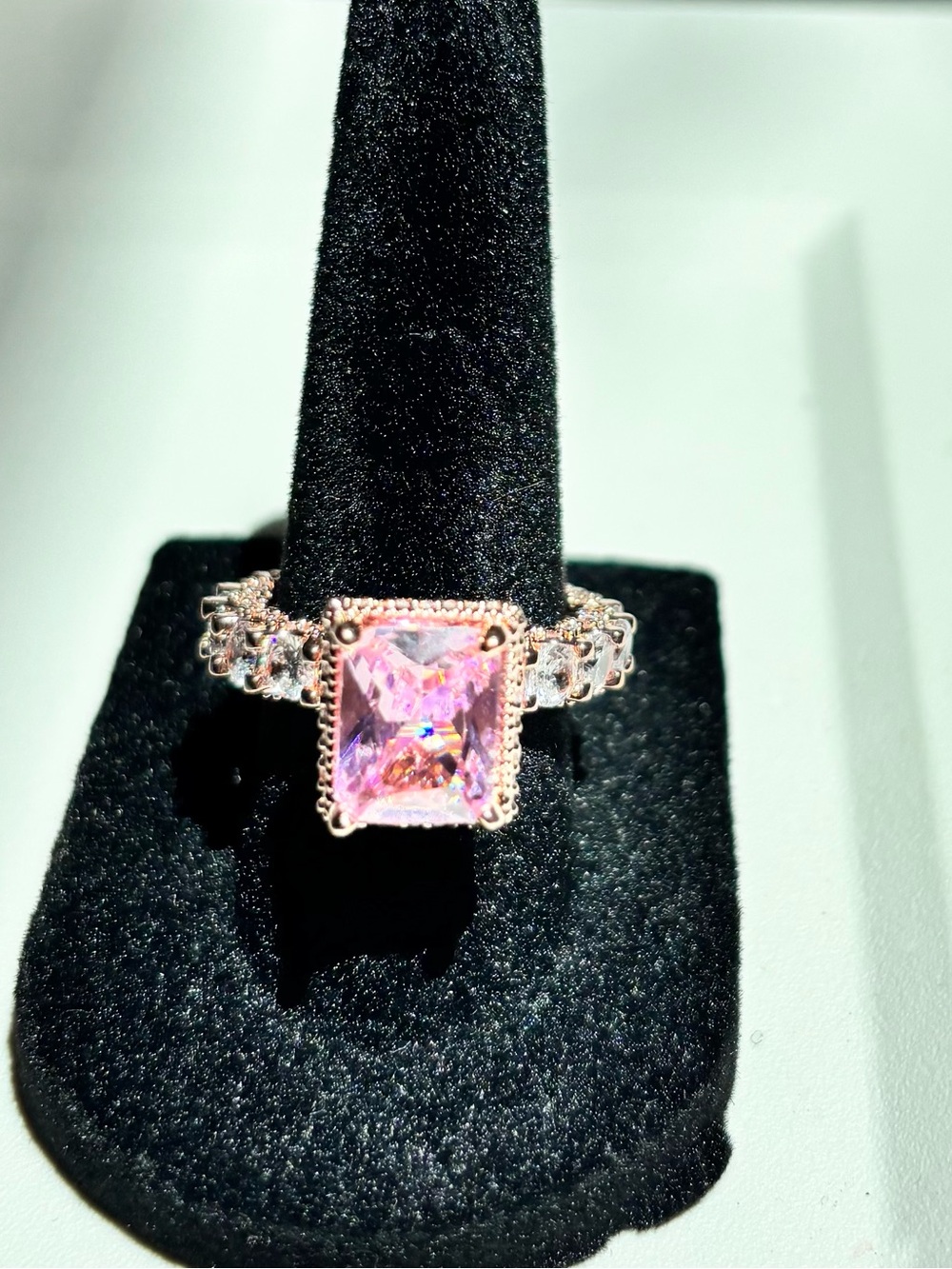 Pink Square-Cut & Clear Round CZ Statement Ring w/ Rose Gold Band Size 7